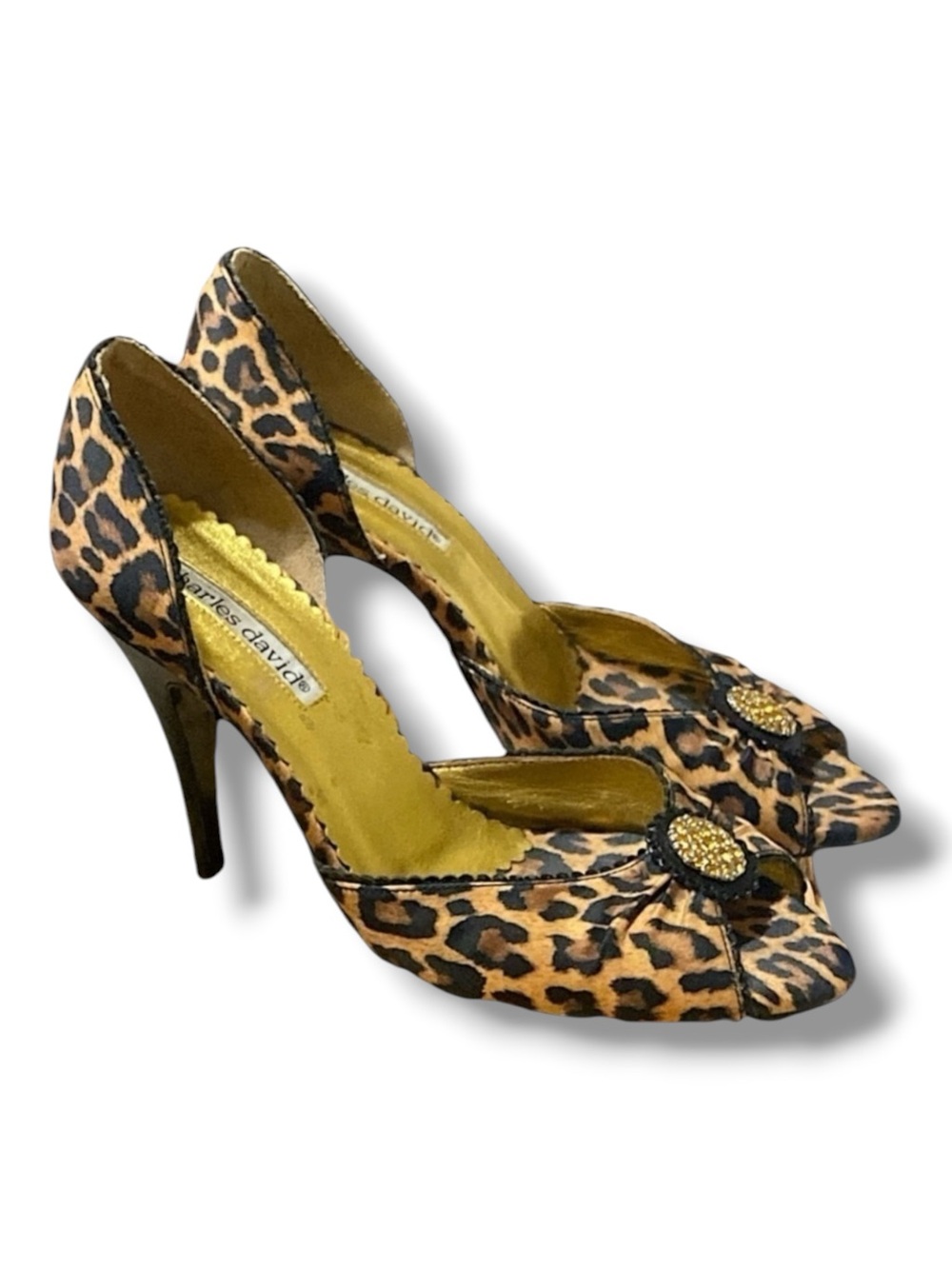 Charles David Leopard Animal Print Peep Heeled Pumps Crystal Embellished Size…